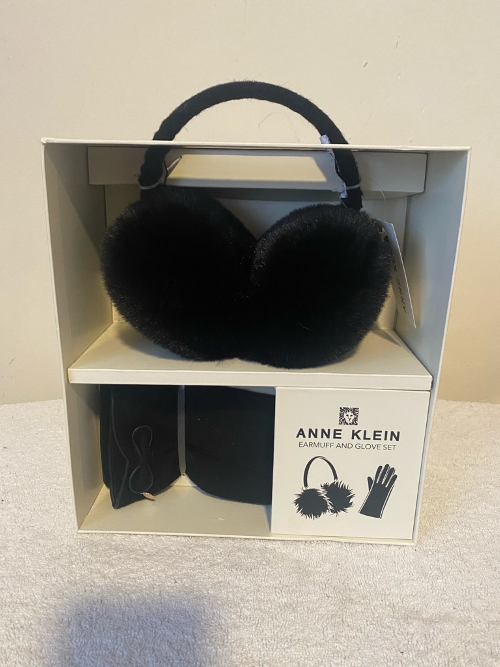 Anne Klein Black Faux Fur Earmuff and Glove Set